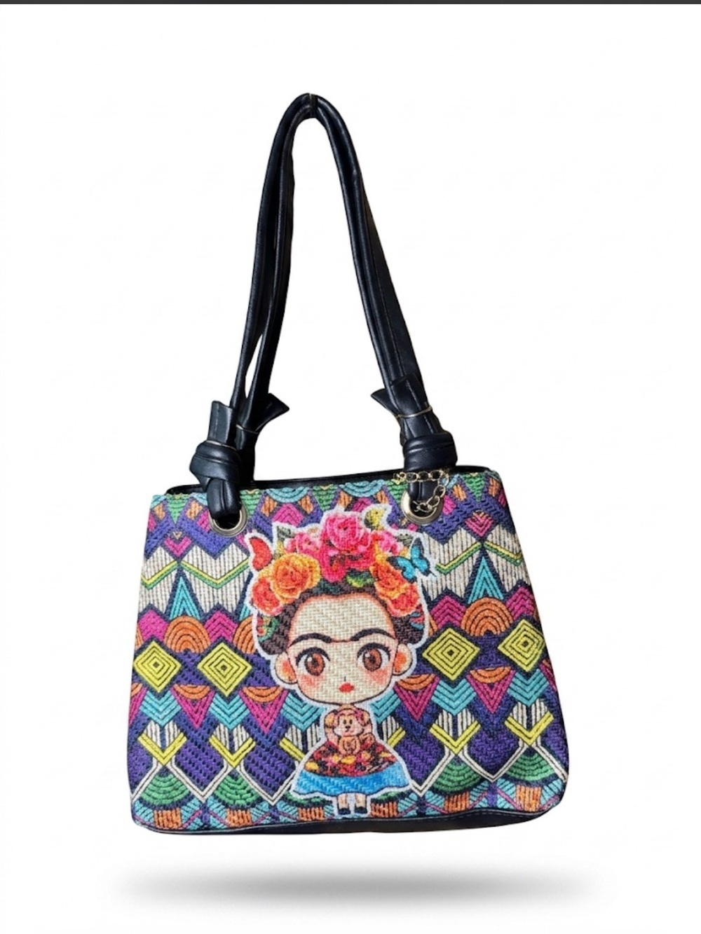 Frida Kahlo Inspired Colorful Woven Tapestry Tote Handbag Floral Boho Purse